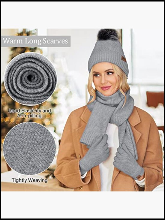 Warm Knit Beanie Scarf Gloves Set with Fleece Lining Touchscreen Gloves main image 5